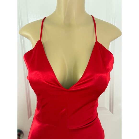 Red Satin Spaghetti Strap Criss-Cross Back Bodycon Mini Dress - Womens M - Picture 3 of 4